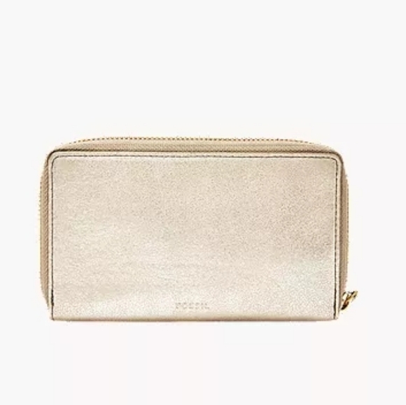 FOSSIL Caroline RFID Smartphone Zip Around Wallet Gold Wristlet Clutch Leather - Picture 4 of 4